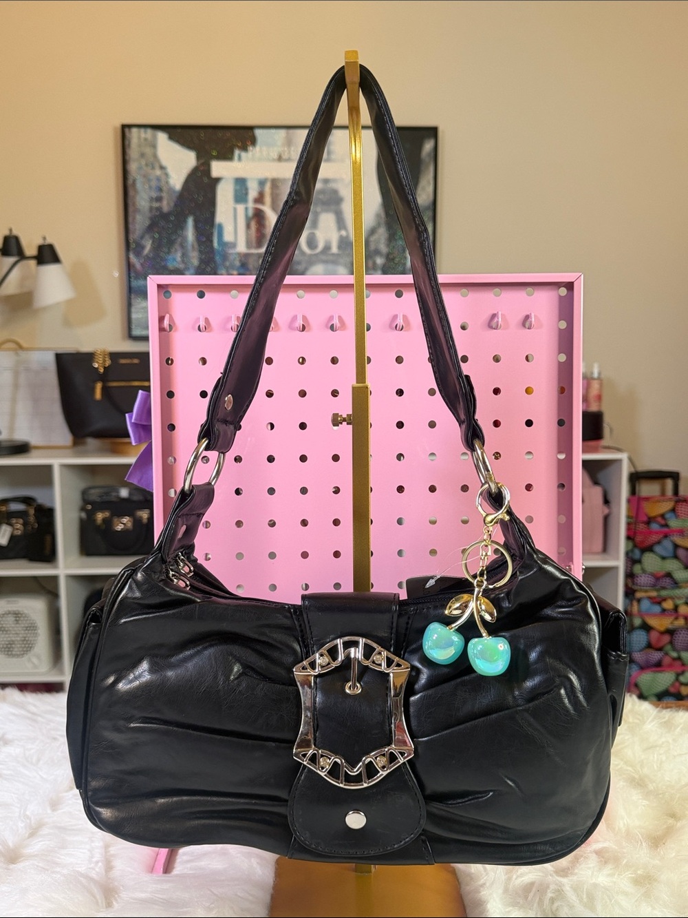 Black Women's Shoulder Bag with Decorative Buckle